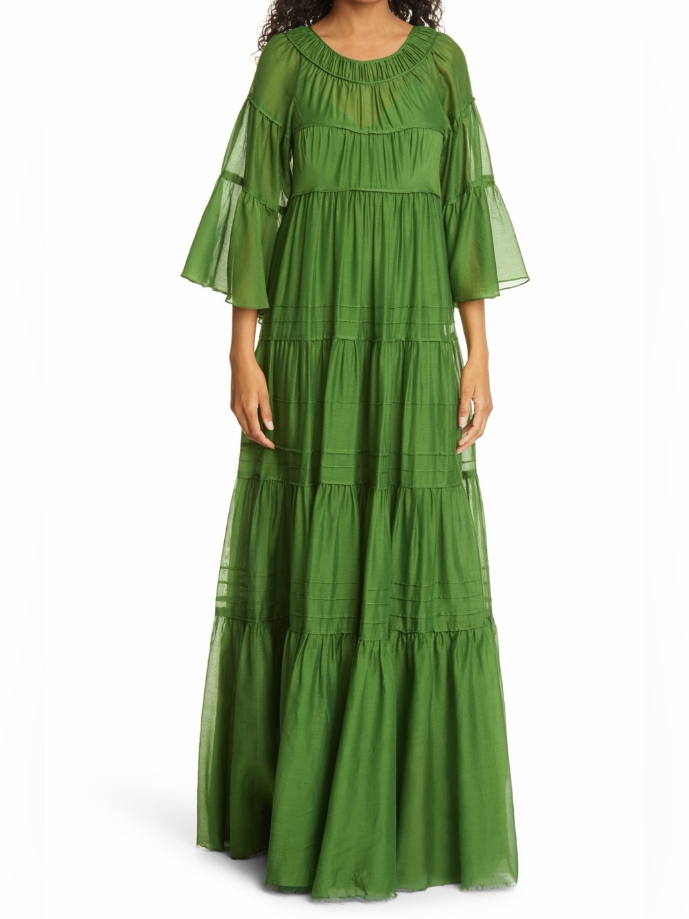 Rebecca Taylor Ruched Bell Sleeve Cotton & Silk Tiered Maxi Dress in Cypress, 16
